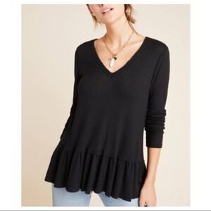 Anthropologie-Eri + Ali Waffle Peplum Black Long Sleeve Thermal (Small)